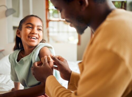 Father, Injury And Arm Bandage For Girl After Accident In Bedroom. First Aid, Black Family And Man